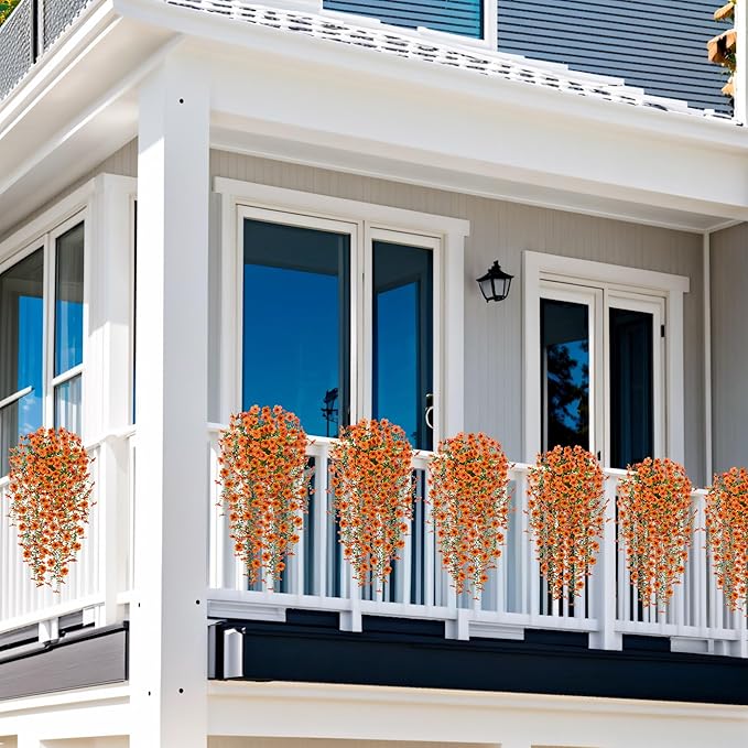 Ammyoo Artificial Hanging Flowers for Outdoors Fake Plants Decoration, 2 Packs Faux Silk Daisy Flower Realistic Outdoor Flowers UV Resistant Porch Patio Window Yard Indoor Spring Decor(Orange)