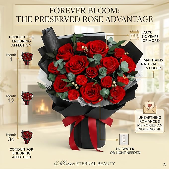 XTYFJGVA 16 Preserved Red Roses Bouquet, Flowers for Delivery, Real Roses That Last 1-3 Years, Birthday Gifts for Women, Forever Flower Gifts for Mom, Wife, Grandma, Her on Mothers Day, Anniversary