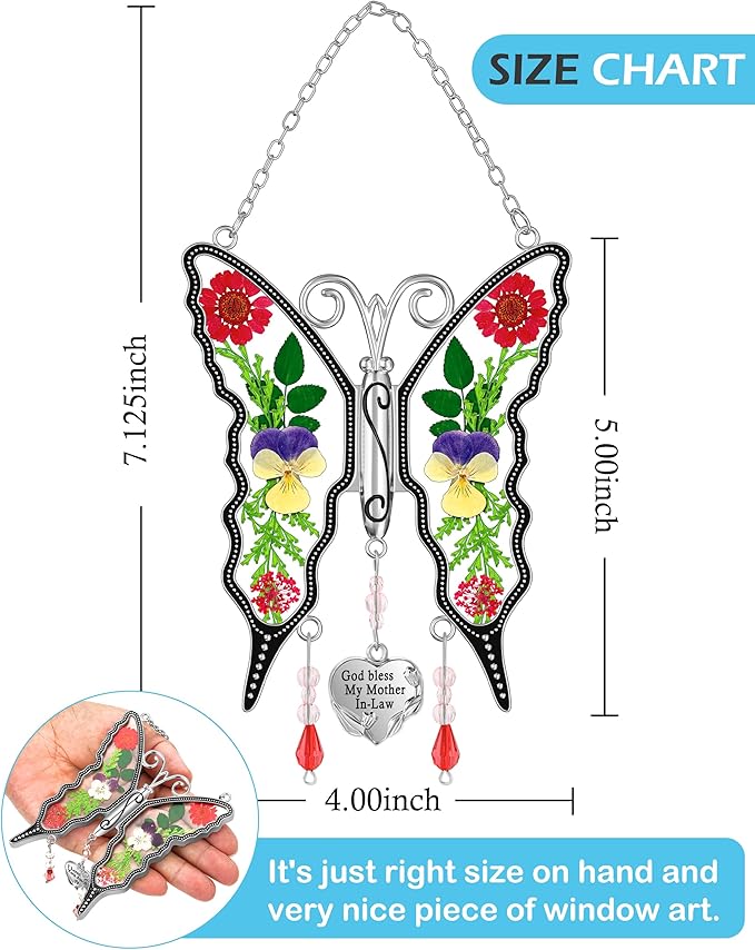 KY&BOSAM Gifts for Mom Butterfly Suncatcher God Bless My Mother-in-Law Stained Glass Sun Catchers for Windows Hangings Wind Chime Ornament for Women Valentine`s Birthday Decor