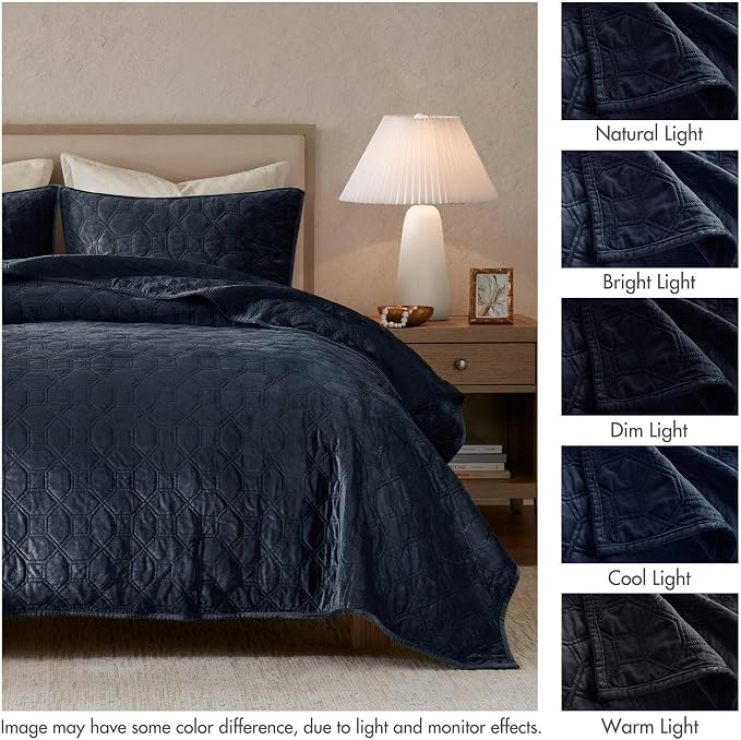 Madison Park Harper Quilt Set Velvet Casual Geometric Stitching Design All Season, Lightweight Coverlet, Cozy Bedding, Matching Shams, Full/Queen(90"x90"), Navy 3 Piece