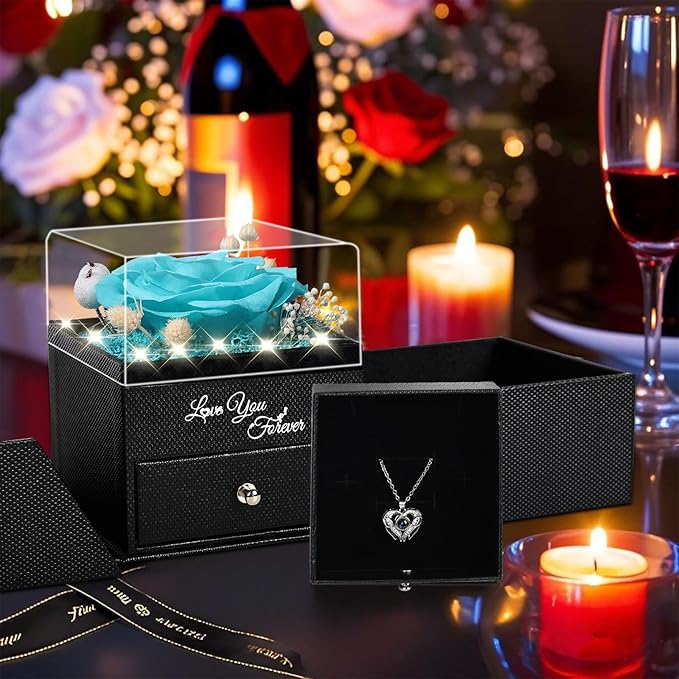 FIACO Gifts for Mom Preserved Real Roses with I Love You Necklace Fresh Forever Flowers Mothers Day Flower Gifts for Women Grandma Anniversary Birthday Gift for Girlfriend Wife Daughter