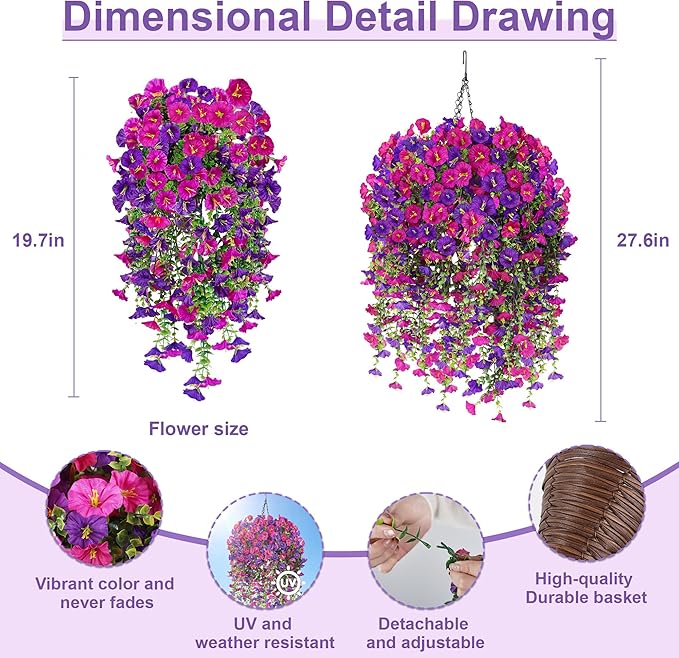 Artificial Hanging Flowers with Basket, 480 Blooms UV Resistant Faux Morning Glory Silk Plants, Fast & Easy Assembly Fake Hanging Baskets for Outdoor Porch Patio Garden Decor, Fuchsia&LightPurple