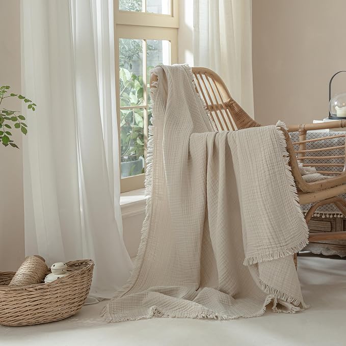 Muslin Fringe Blankets for Adults: 100% Cotton Cloud Soft | 4-Layer Gauze Breathable Lightweight All Season Throw Blanket for Bed Couch Sofa Office