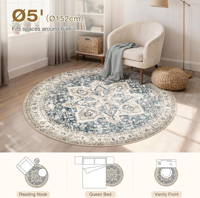 Tortania 5' Round Area Rug Living Room Rugs - Washable Boho Rug Vintage Oriental Distressed Farmhouse Large Thin Indoor Carpet for Bedroom Under Dining Table Home Office - Cream/Blue