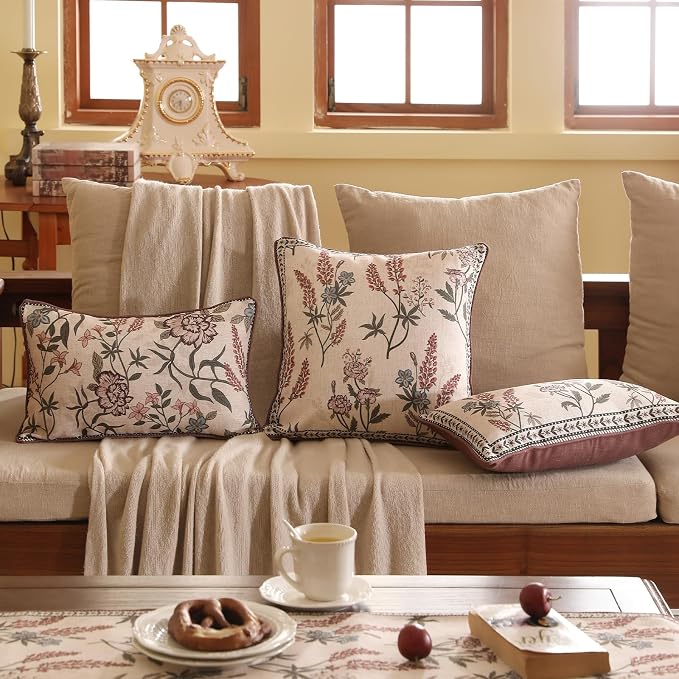 ISAENNE Designer Vintage Linen Throw Pillow Cover,20"x12"-Helena B | Elegant French Rectangle Pillow Cover,Concealed Zipper Design,Floral Pattern,Sofas,Bedroom,Living Room,Lounge Chairs