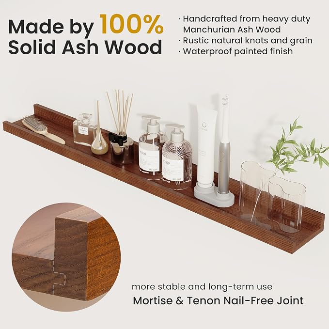 Acovy Solid Ash Wood Picture Ledge Shelf, 36 Inch, Walnut, Set of 2 | Floating Shelves with Lip, Photo Ledge Shelf, Wall Mounted, For Nursery Bookshelf