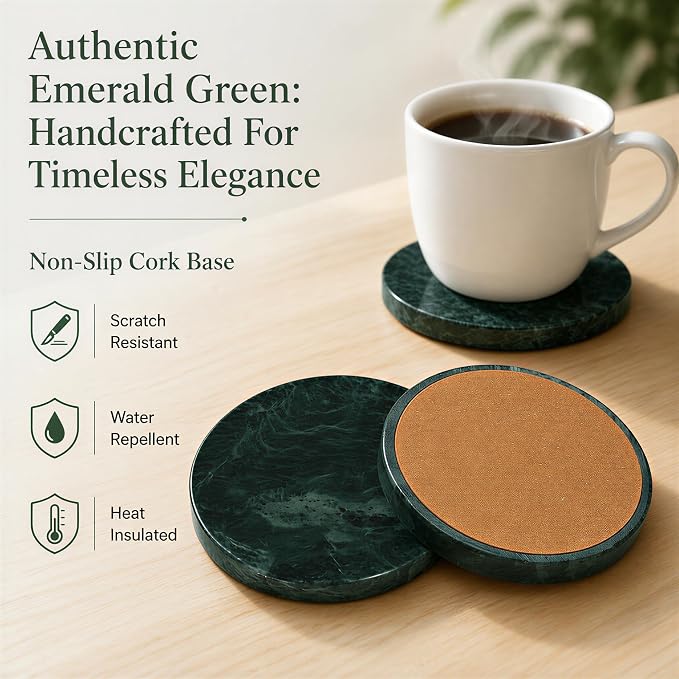 Green Marble Coasters Set of 4, Natural Stone Drink Coasters 4 Inch Round, Non-Slip Cork Bottom, Heat & Water Resistant, Protects Table Surfaces, Elegant Home Decor — Housewarming Gift