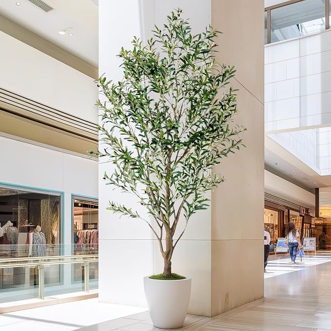 8FT Artificial Olive Tree with Realistic Leaves & Natural Trunk, Faux Silk Olive Plant in White Planter, Tall Fake Tree for Modern Home Office Living Room Entryway Corner Decor, Maintenance Free