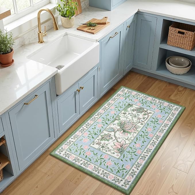 GarveeHome Blue Green Pink 2x3 Door Mat Indoor Rugs for Entryway Provence Small Botanical Grove Cottage core Washable Non-Slip Low-Pile Rug for Bedroom Bathroom Entrance TPE Backing