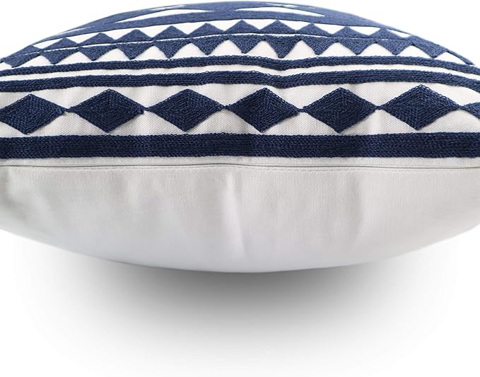 Embroidery Throw Pillow Cover 18x18 Home Décor Navy Blue Geometric Cushion Cover Diamond Triangle Pillow Case Floor Pillow Cover for Couch Sofa Chair 100% Cotton 45x45cm, 1 Piece