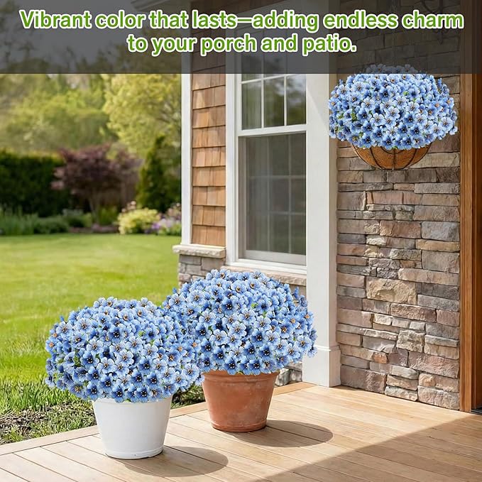 Artificial Flowers Fake Plants for Outdoors Spring Decoration, 13Bundles Silk Realistic UV Resistant Faux Flowers for Outside Planter Porch Yard Patio Garden Home Indoor, Blue