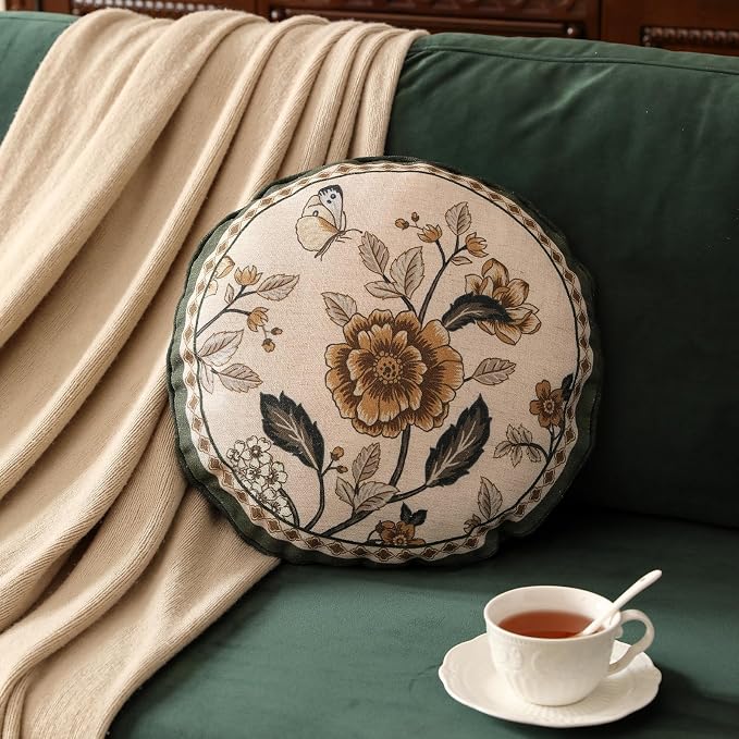 ISAENNE Vintage Elegant Linen Round Throw Pillow Cover,Diameter 16"-Murad D | Designer French Pillow Cover,Concealed Zipper Design,Sofa,Bedroom,Living Room,Lounge Chairs,All Season Home Decor
