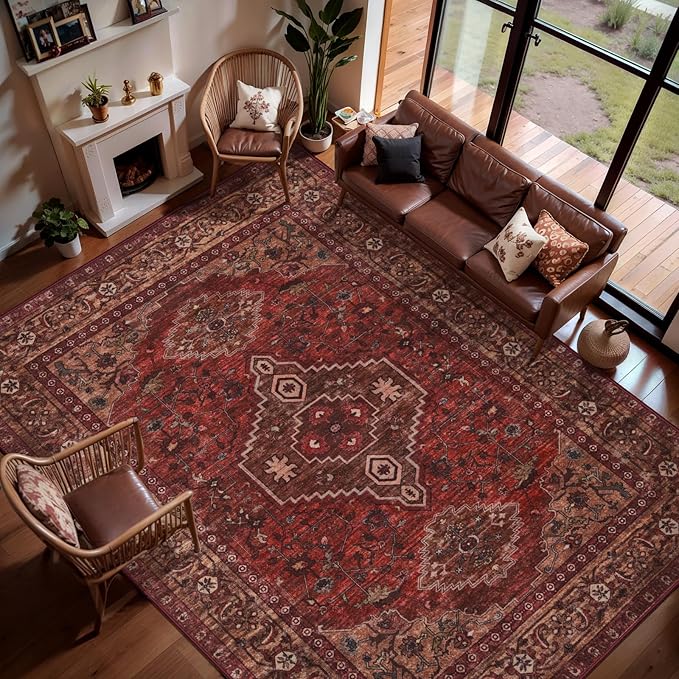 Tangsoo 8x10 Area Rugs for Living Room, Washable Oriental Vintage Indoor Non Slip Large Area Rugs, Print Carpet, Soft Low Pile Rug Foldable Floor Rug for Bedroom Dining Room Dorm Dark Red
