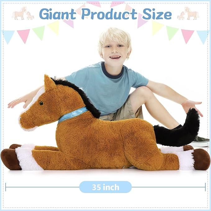 Tezituor 35 Inches Realistic Horse Stuffed Animal, 3ft Large Stuffed Pony Plush Farm Toy, Hugging Soft Darkbrown Horse Plush Pillow Gift for Boys Girls Birthday Decor
