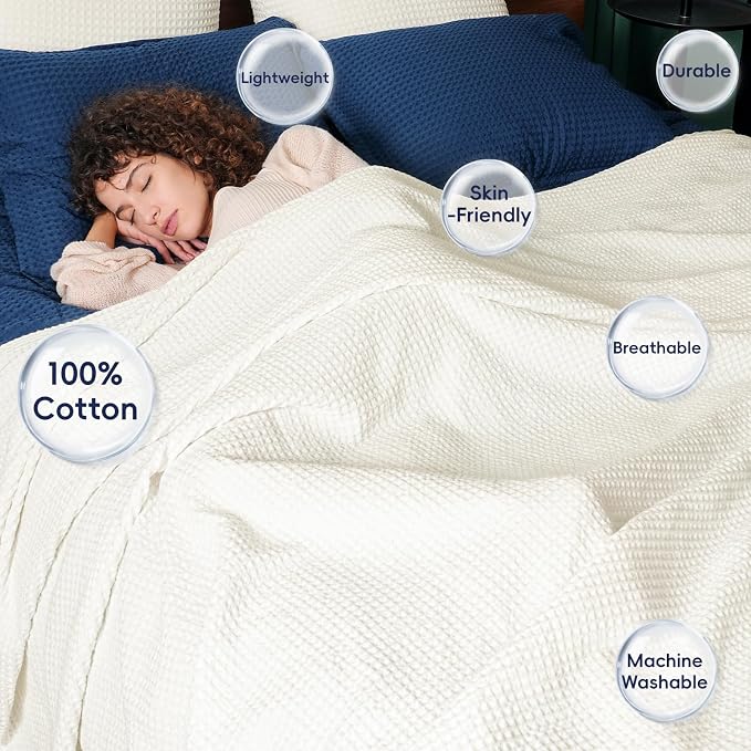 PHF Pre-Washed 100% Cotton Waffle Weave Blanket King Size for Bed,Snag Proof Throw Blanket for Couch Spring Summer Lightweight Breathable,Machine Washable, Home Decor Gift - Cream
