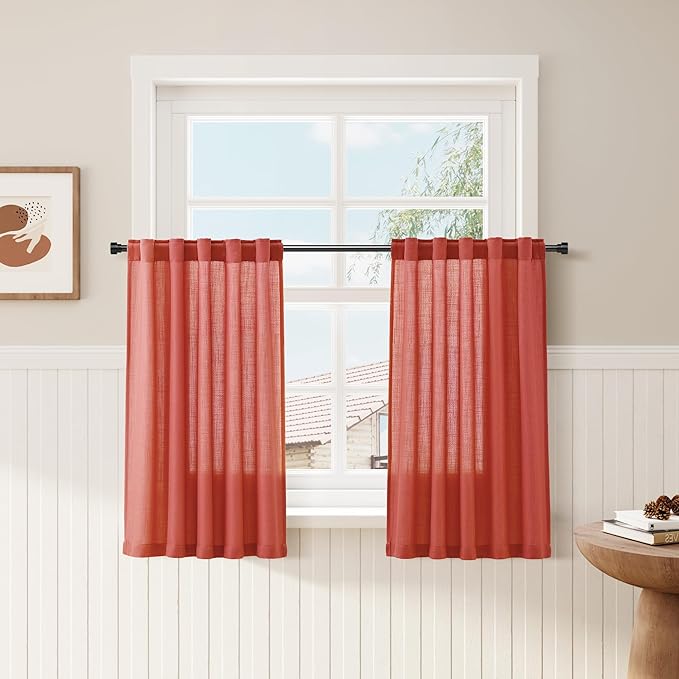 Brick Red Kitchen Tier Curtains 24 Inch Length Linen Blend Privacy French Country Light Filtering Short Curtain with Rod Pocket Back Tab for Over Sink Window Bathroom Laundry 2 Panels 30Wx24L