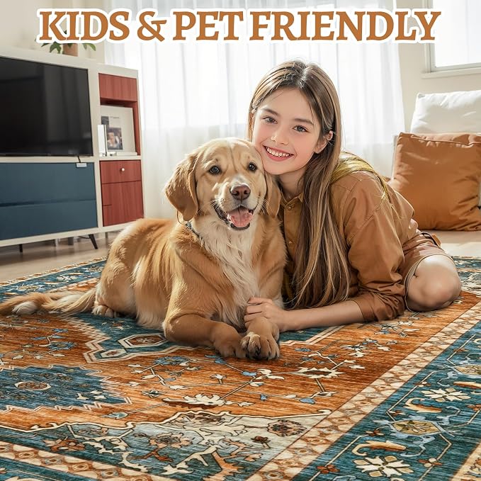 Tangsoo Oriental Small 2X3 Washable Rugs for Entryway, Vintage Non Slip Rug Carpet, Indoor Front Door Rug, Door Mat Indoor Entrance Soft Low Pile Throw Rugs for Entry Kitchen Bedroom Orange/Blue