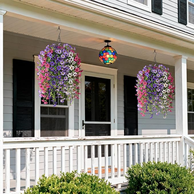 INQCMY Artificial Fake Hanging Plants Flowers Basket for Spring Outdoor Outside Porch Decoration,UV Resistant Faux Silk Flower in Planter for Home Patio Balcony Garden Yard Decor,Mixed Color