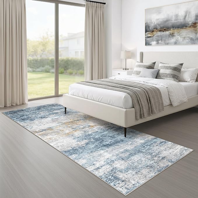Runner Rug Non-Slip Kitchen Rug: 2x6 Washable Abstract Modern Soft Stain Resistant Indoor Floor Neutral Accent Throw Carpet for Hallway Bathroom Laundry Room Bedroom Entryway- Blue Gold