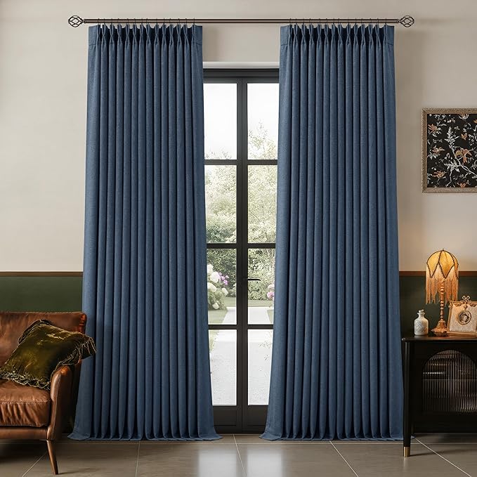 TWODRAPES 100 Inch Pinch Pleat Drapes Navy Blue Room Darkening Curtains 100 Inches Long for Bedroom Modern Neutral 100% Blackout Thick Linen Double Layer Pleated Curtain 2 Panels Set Home Decor
