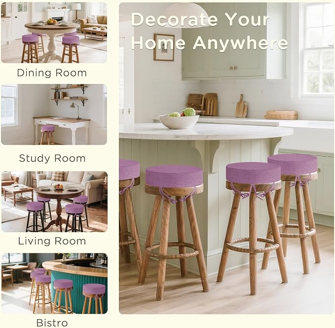 Bar Stool Cushions Round 3" Thick Round Seat Cushions for Chairs 4 Pack Non Slip Bistro Chair Pads with Machine Washable Cover (12 Inch, Purple)