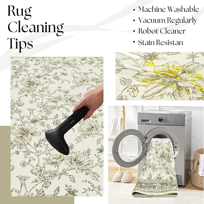 Boho Dining Room Rugs for Under Table 7x9 Washable Taupe Cream Beige Tan Floral Design Sketch Style Area Rug for Living Room, Low Pile Non-Slip for Bedroom Under Bed Aesthetic Boho Farmhouse Decor