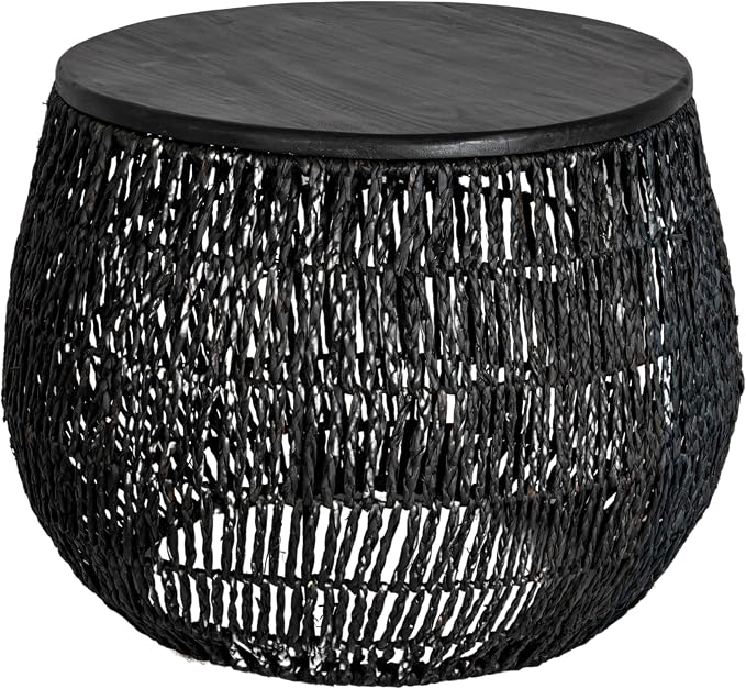 Bloomingville Hand-Woven Seagrass and Pine Wood Round Side Table, Black