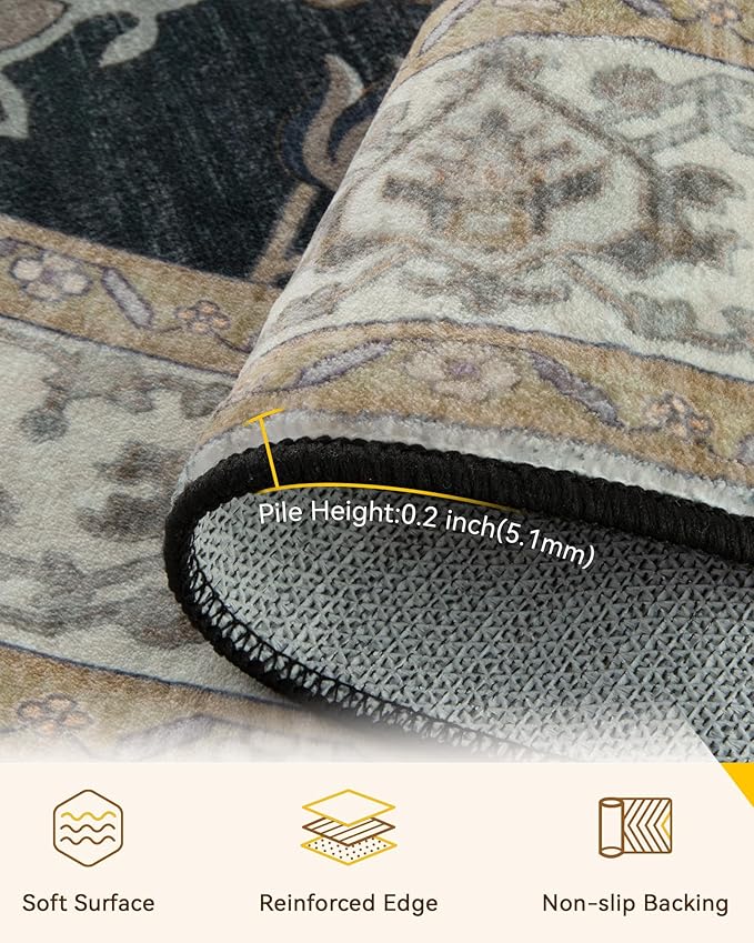 RELEANY Area Rugs Round 8ft Washable Non-Slip, Floral Vintage Distress Print Pattern Medallion Carpet for Living Room Bedroom Dining Room, Vintage Black Brown Neutral