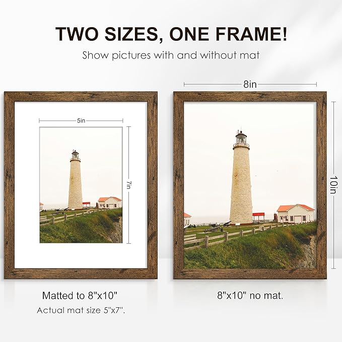 PEALSN 8x10 Picture Frame Set of 6, Display Pictures 5x7 with Mat or 8x10 without Mat for Wall Mounting or Table Top Display, Photo Frames Collage for Wall Decor, Rustic Brown