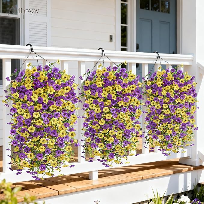 Artificial Hanging Flowers for Outdoors Spring Summer Decoration, 8PCS UV Resistant Silk Fake Hanging Plants for Patio Porch Front Yard Window Garden Indoor Decor(Purple&Yellow,8PCS)