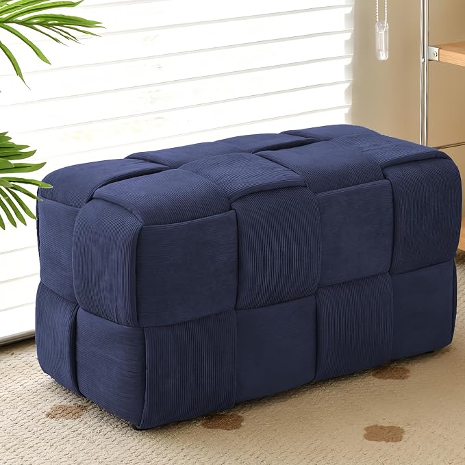 Cmishe 28" Rectangular Woven Corduroy Ottoman Footrest - Large Modern Entryway Bench & Bed End Stool, Sturdy Wood Frame, No Assembly (Blue-L)