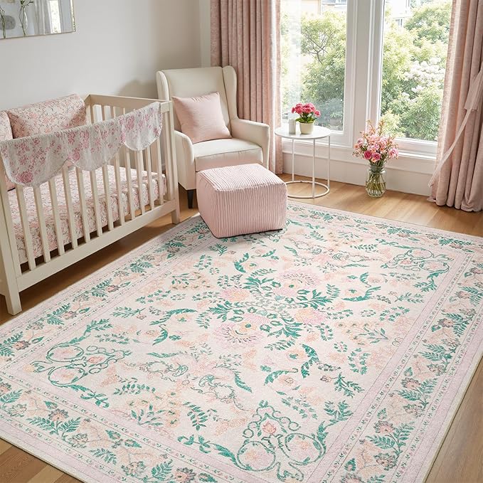 DCX 6x9 Pink Rug, Floral Rug for Girl’s Bedroom, Cute Soft Low Pile Non Slip Stain Resistant Machine Washable Indoor Décor, Kid & Pet Friendly Nursery Carpet for Living Room, Dorm, Playroom