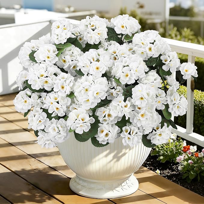 Ouddy Decor Artificial Geranium Flowers for Outdoors, Fake Silk Flowers UV Resistant Faux Geraniums for Vase Planter Garden Patio Balcony Porch Indoor Outdoor Spring Summer Home Decor, 24 Pcs White