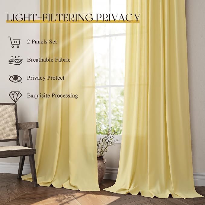 Jowels Yellow Linen Curtains 90 Inch Long 2 Panels for Living Room | Light Filtering Semi Sheer Curtain, Back Tab Pocket Pleated Look, Boho Farmhouse Textured Privacy Drapes for Bedroom Window