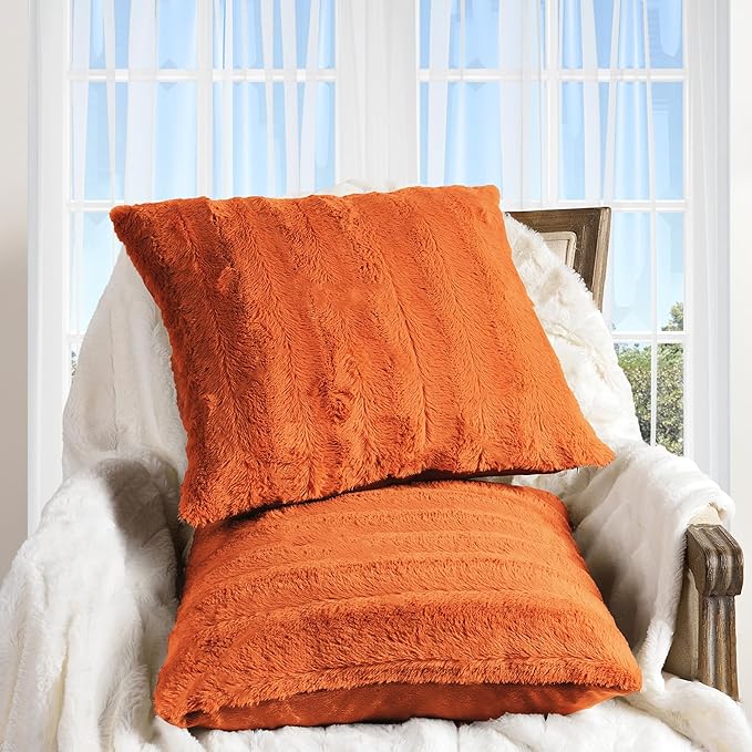 Cheer Collection Fall Decorative Throw Pillows for Couch – Set of 2 Faux Fur Fall Pillows for Couch, Cozy Fall Couch Pillows for Living Room or Bed, Soft, Rust Accent Pillows, 24" x 24"