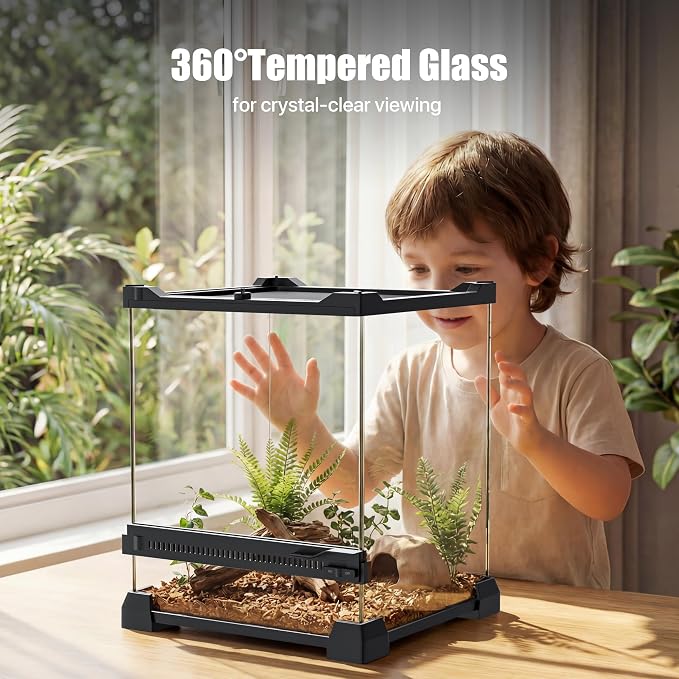 3 Gallon Fully Assembled Glass Reptile Enclosure, 8"x 8" x 12" | Tall Vertical Front-Opening Small Terrarium Tank for Hatchling & Juvenile Arboreal Reptiles & Amphibians
