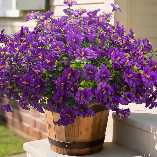 Grunyia Artificial Faux Flowers for Outdoor 16 Bundles Boxwood Fake Morning Glory for Planter,UV Resistant Fake Flowers for Home Porch Patio Outside (Purple)