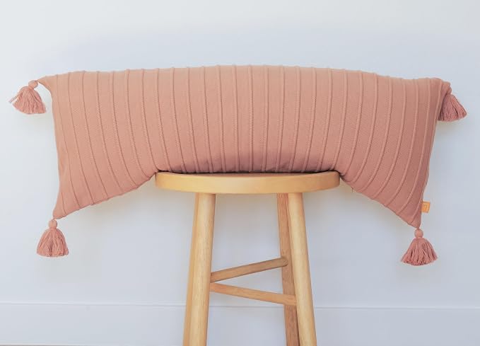 Pink Clay Ribbed Lumbar Pillow Cover – 14x36 Cotton Knit with Tassels, Earthy Blush Accent for Sofa, Bench, or Bed