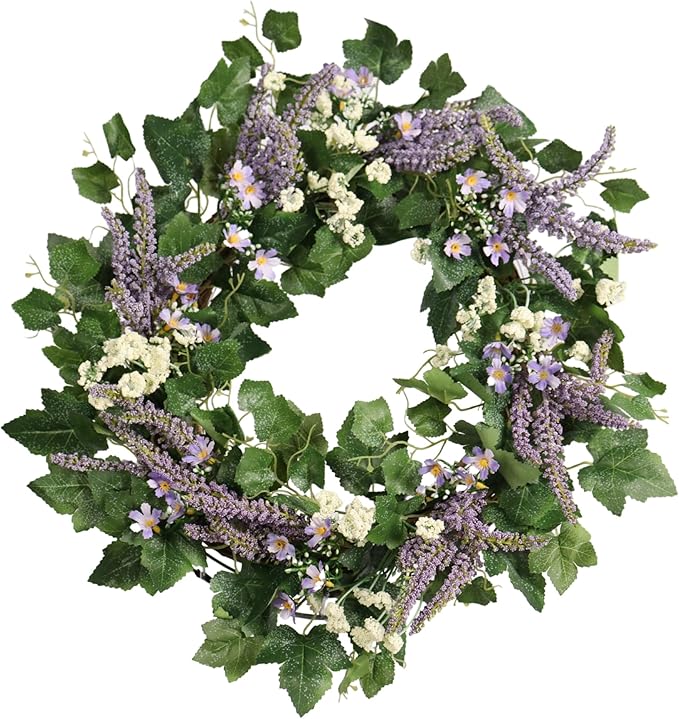 22IN Spring Summer Wreath withGrape Leaves, Lavender. Seasonal Greenery Decor for Front Door, Wall, and Year-Round Celebrations.