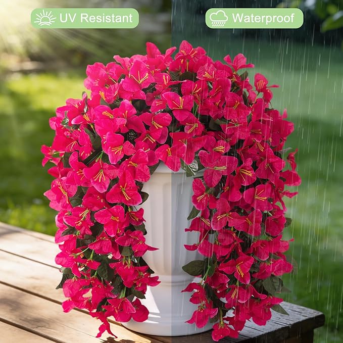 Fake Bougainvillea Artificial Flowers for Outdoors Decoration 2 pcs Faux Hanging Flowers Plants for Outdoor Planters UV Resistant Silk Bougainvillea Vines for Front Door Porch Urn Patio Garden