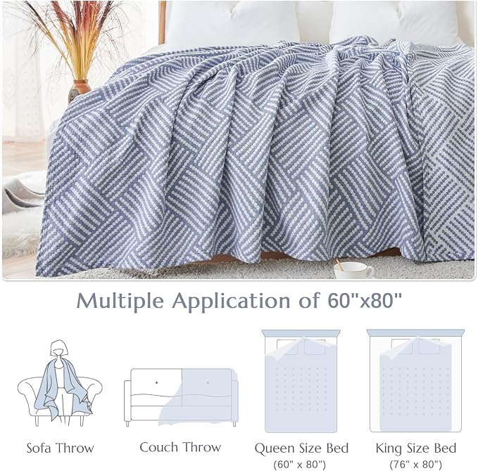 jinchan Boho 100% Cotton Blanket Muslin Twin Size 60x80 Inches Lightweight 3-Layer Geometric Square Striped Pattern Reversible Quilt Throw Soft Breathable Comfy All Seasons for Couch Bed Decor, Blue