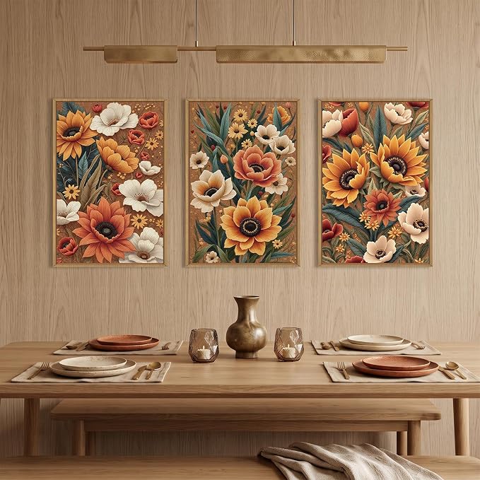 BICERE Large Boho Flower Botanical Framed Canvas Wall Art,Abstract Floral Wall Decor,Embroidery Plant Painting,Bloom Wildflower Artwork for Living Room,Bedroom,Dining Room,Office -16"x24"x3