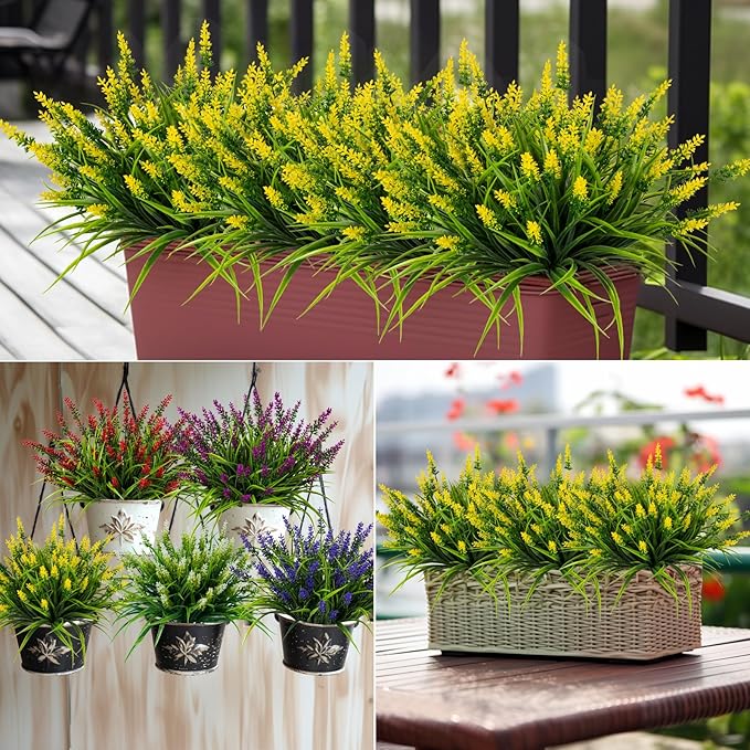 Nigirior Artificial Flowers for Outdoor Plants 24 Bundles Fake Lavender Plastic Faux Monkey Grass for Verandah Window Garden Office Patio Front Porch UV Resistant for Planter(Yellow)