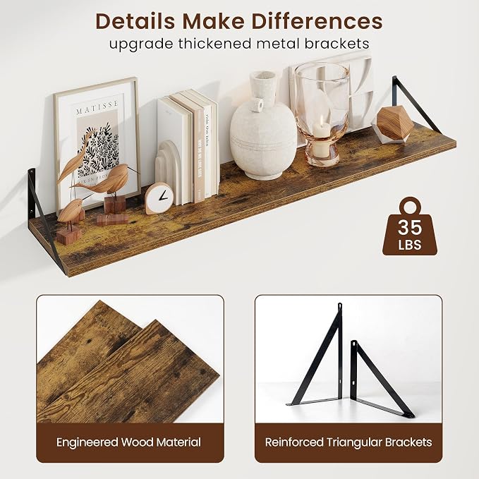 Axeman 48 Inch Floating Shelves | 10 Inch Deep Brown Wall Shelves Set of 2 | 48" W x 10" D Rustic Brown Floating Shelves for Living Room Bathroom Kitchen
