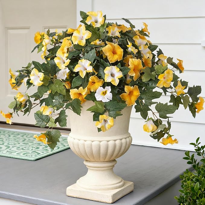 Ammyoo Artificial Fake Petunia Flowers for Outdoor Decoration, 2PCS Faux Silk Petunias Flower for Spring UV Resistant No Fade Realistic Plants for Garden Balcony Yard Porch Indoor Decor(Yellow White)