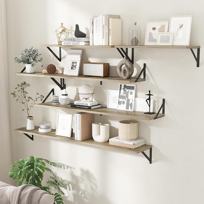 Acovy Floating Shelves for Wall,48" Wx8 D Wood Wall Shelves,Hanging Storage Floating Shelf with Metal Brackets,Wide Floating Bookshelf for Living Room,Office,Bedroom,Bathroom,Set of 2,Grey