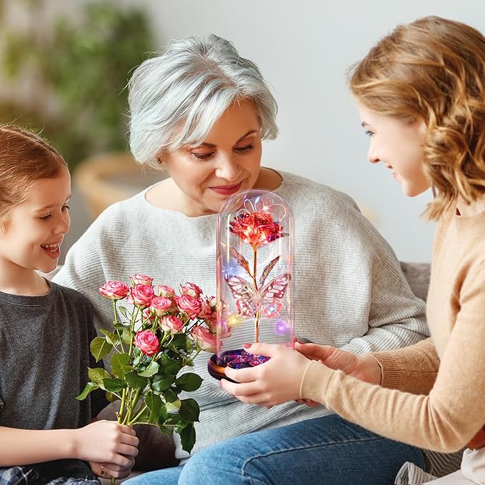 Mothers Day Flowers Gifts for Mom Women Birthday Gift, Galaxy Glass Rose Forever Eternal Crystal Flowers Rose in Glass Dome with Butterfly Mother's Day Roses Gifts for Mom Daughter Wife Grandma Red