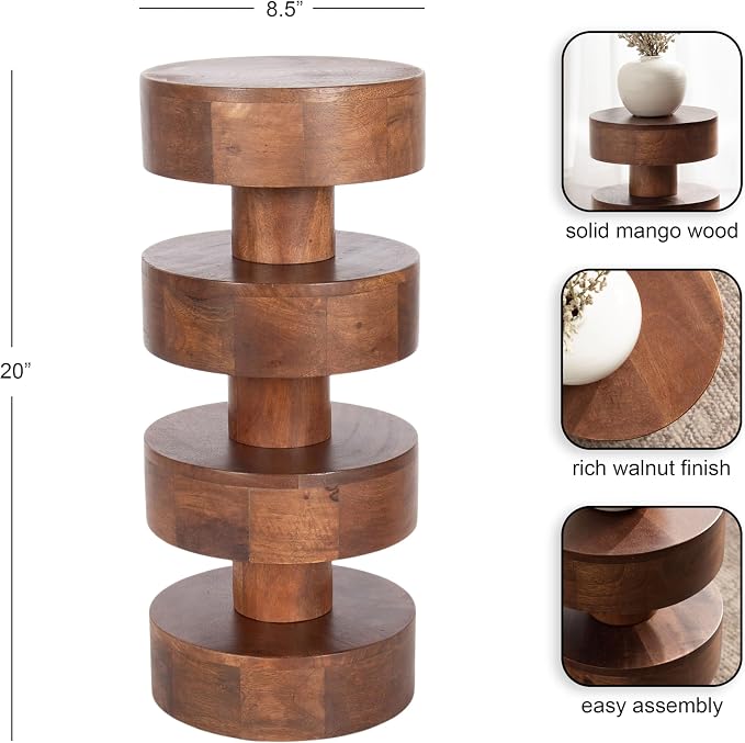 Kate and Laurel Omar Modern Wooden Round Drink Table, 9 x 9 x 20, Walnut Brown, Geometric Floating Disks Circle Mini Table for Use as Small Bedroom Night Stand or Indoor Plant Stand