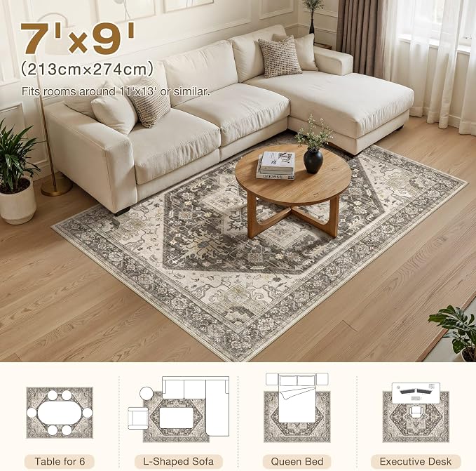 7x9 Area Rugs for Living Room - Large Carpet Ultra Thin Soft Washable Oriental Vintage Floral Distressed Big Indoor Carpets for Bedroom Nursery Dorm Home Decor Aesthetic - Dark Brown