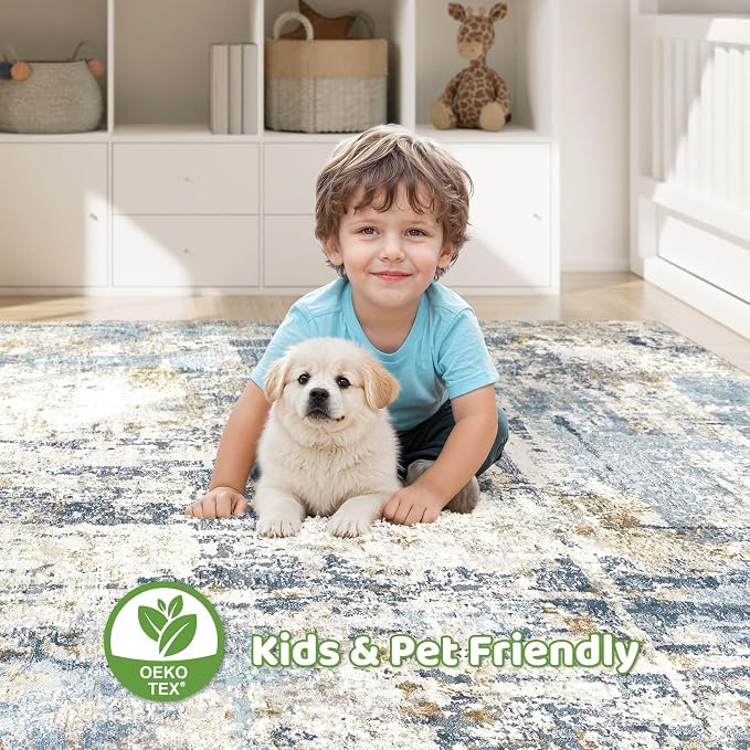 LOONGRUG 7x9 Area Rugs Washable Rug: Living Room Large Abstract Modern Soft Stain Resistant Indoor Floor Non Slip Accent Carpet for Bedroom Nursery Playroom Office Dining Room Dorm Home House- Blue